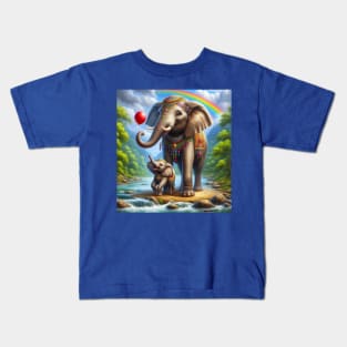 Happy mom Elephant with her baby colorful painting Kids T-Shirt